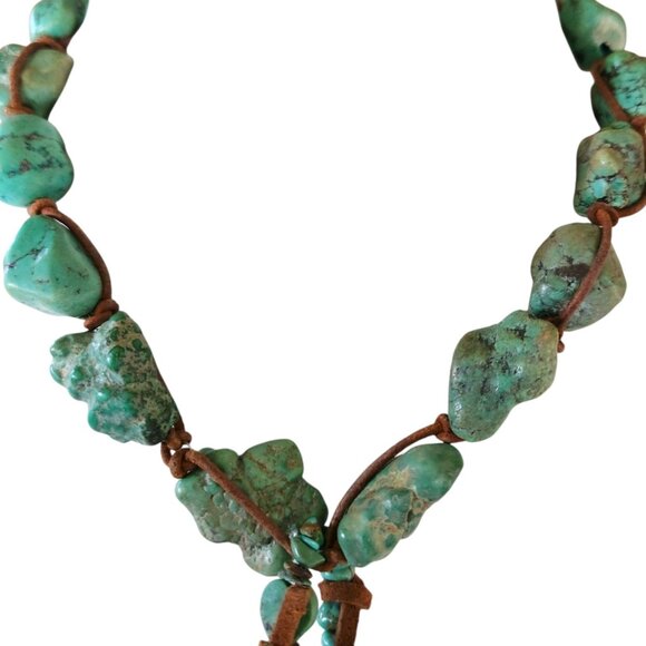 Rustic Turquoise Nugget Necklace With Large Oval Stone Pendant & Leather Cord - Picture 9 of 14